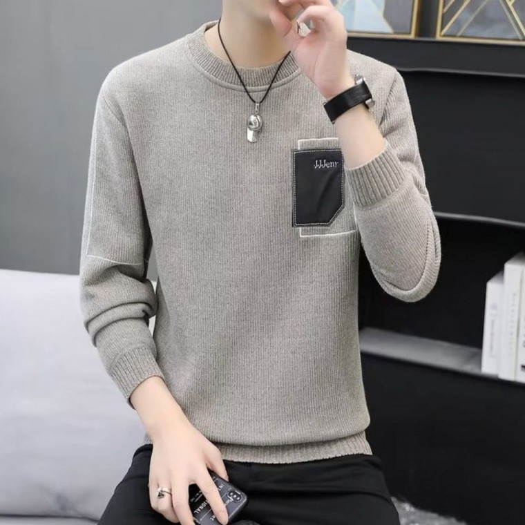 เสื้อสเวตเตอร์ไหมพรมคอกลมบุกันหนาว 2 สีสำหรับผู้ชาย