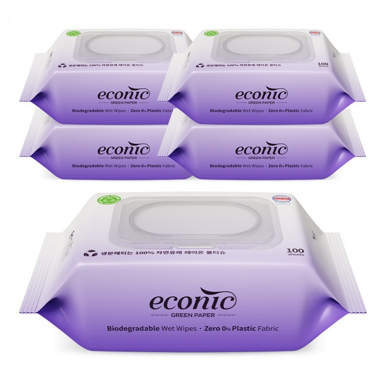 ผ้าเช็ดทำความสะอาดชนิดย่อยสลายได้ Rayon 100% Eco-nic Green มีฝาปิด 100 แผ่น 5 ชิ้น