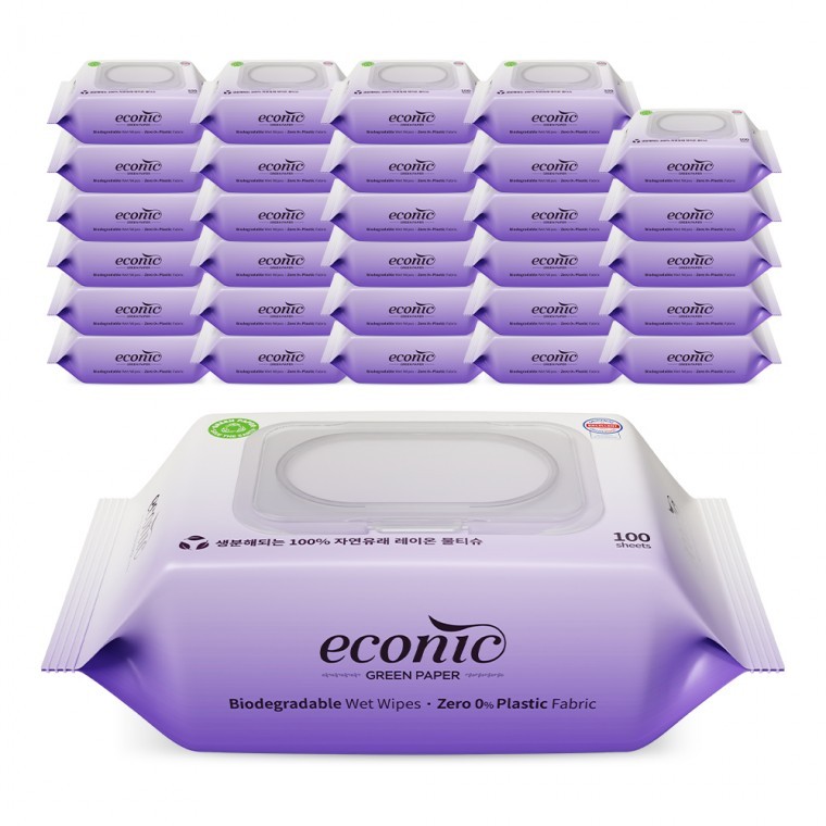 ผ้าเช็ดทำความสะอาดชนิดย่อยสลายได้ Rayon 100% Eco-nic Green มีฝาปิด 100 แผ่น 30 ชิ้น