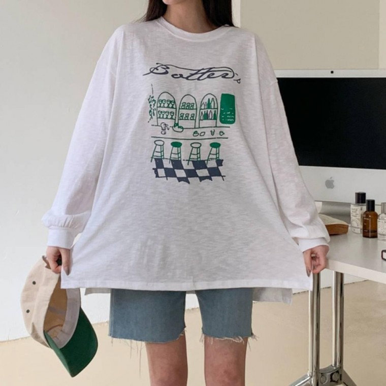 HL] เสื้อยืดแขนยาวทรงโอเวอร์ไซส์มีดีไซน์ HL] Brunch สำหรับใส่ในบ้าน