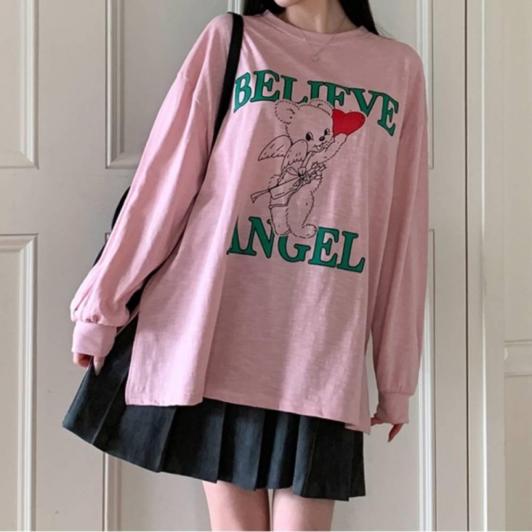 HL] เสื้อยืดแขนยาวทรงโอเวอร์ไซส์มีดีไซน์ HL] Angel สำหรับใส่ในบ้าน