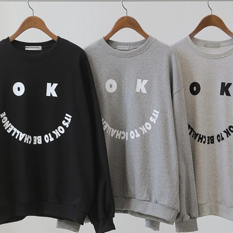 HL] เสื้อยืดแขนยาวลาย Smile OK สำหรับผู้หญิงไซส์ใหญ่