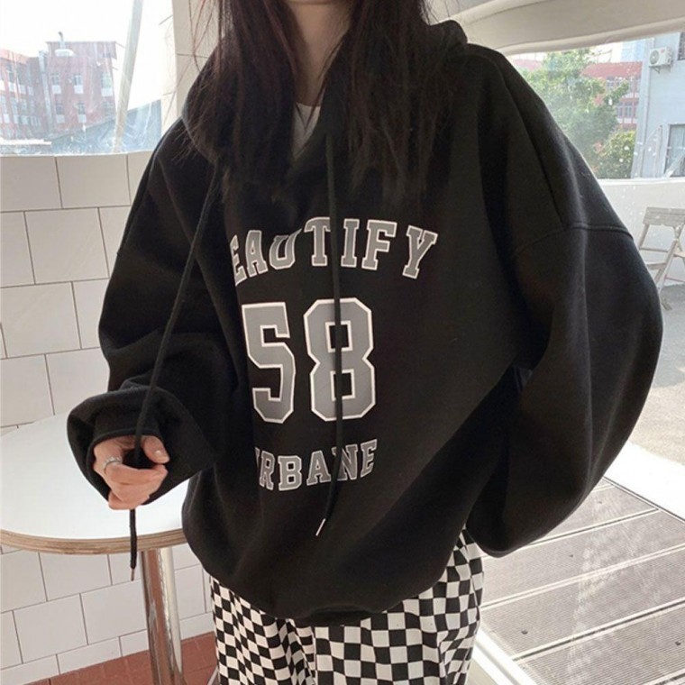 เสื้อยืดแขนยาวมีฮู้ดโอเวอร์ไซส์สำหรับผู้หญิง