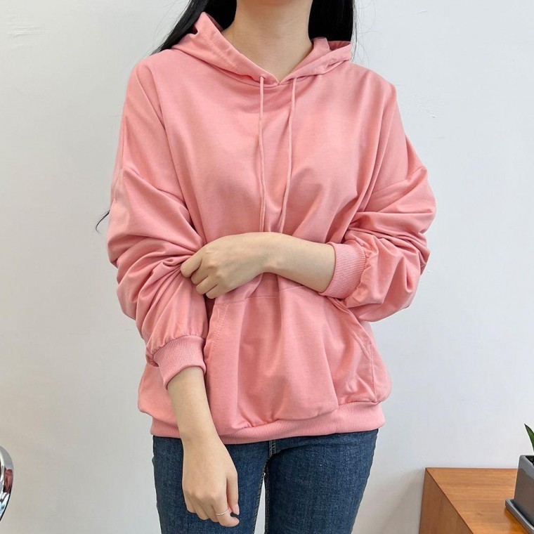เสื้อยืดแขนยาวมีฮู้ดสีพื้นสำหรับผู้หญิง