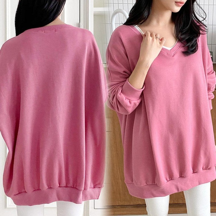 เสื้อยืดแขนยาวทรงหลวม Deep V Fleece สำหรับผู้หญิงไซส์ใหญ่