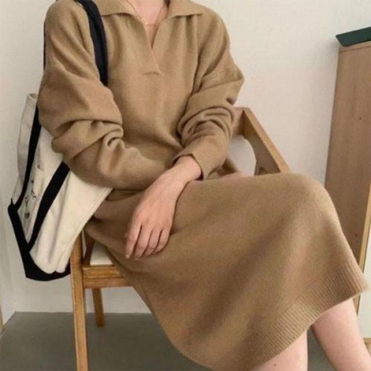 ชุดเดรสถักคอปก ชุดเดรสยาว กระโปรงยาว ชุดเดรสแขนยาวสำหรับฤดูใบไม้ร่วงและฤดูหนาวสำหรับผู้หญิงทรงหลวม รายวัน ชุดนอน