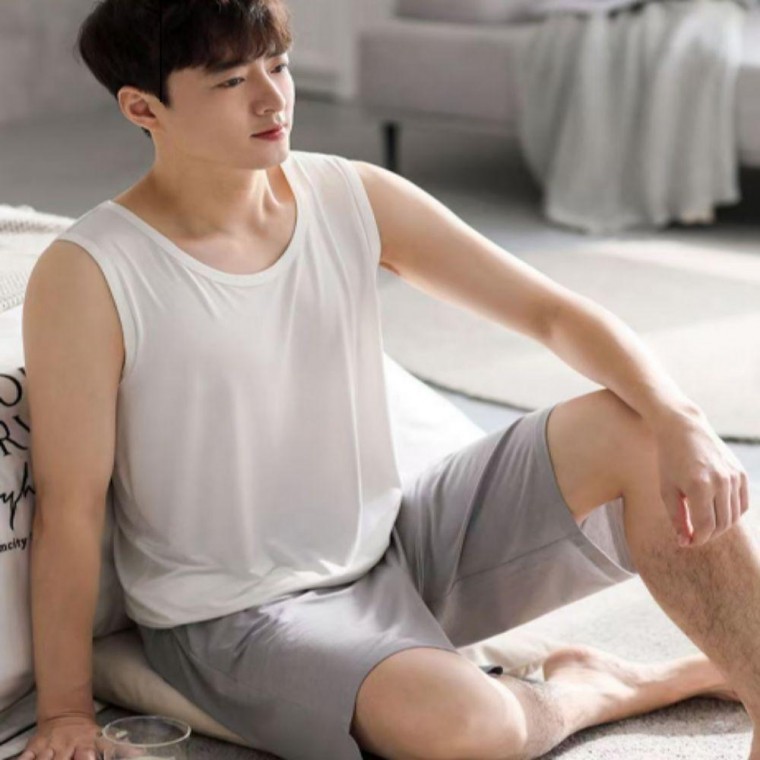 ชุดนอนผู้ชายสำหรับฤดูร้อน ผ้าเย็น ชุดใส่นอน เสื้อแขนกุด