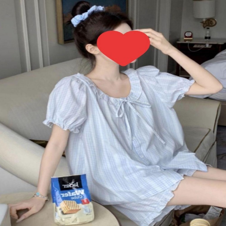 ชุดนอนแขนสั้นลายสก็อต โบว์ระบายน่ารักสำหรับฤดูร้อน