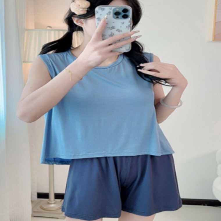 ชุดนอนผู้หญิง 2 สีสำหรับฤดูร้อน ชุดใส่ในชีวิตประจำวัน มีแผ่นรองใน
