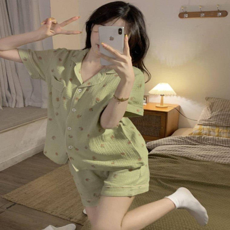 ชุดนอนผู้หญิงสำหรับฤดูร้อน คอปกน่ารัก เสื้อแขนสั้น ชุดใส่นอน