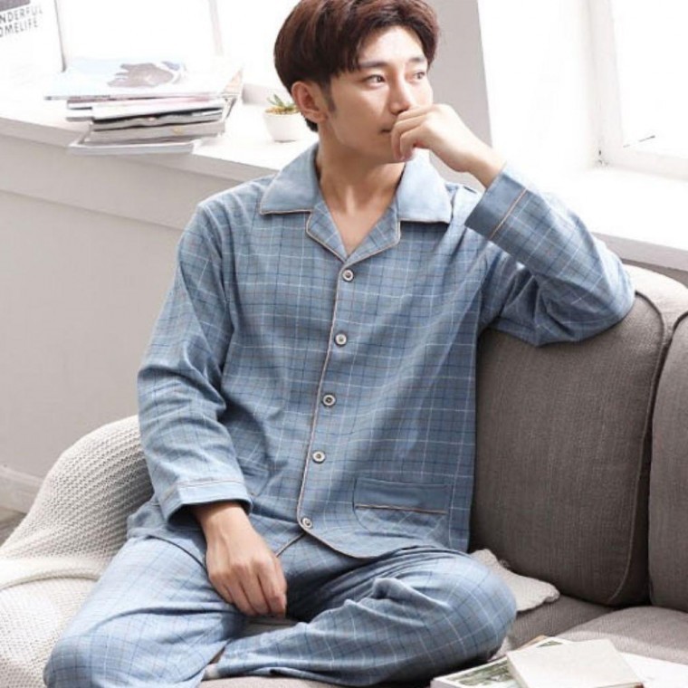 ชุดนอนผู้ชายคอปกแบบสก็อต ชุดเสื้อและกางเกง สีฟ้า