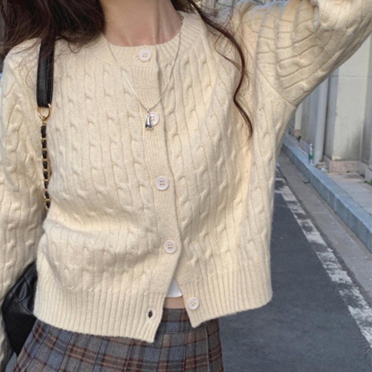 เสื้อคาดิแกนไหมพรมถักลายเกลียว คอกลม ริบ สำหรับผู้หญิง ใส่สบาย ประจำวัน (Knit Cardigan)