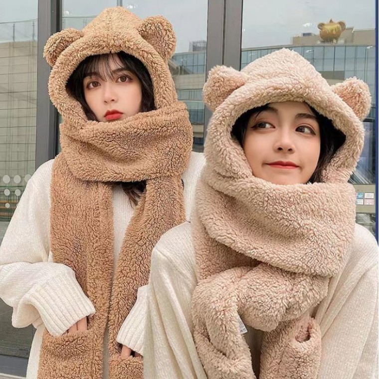 1+1 [จัดส่งด่วน] หมวกฮู้ดหมีปุกปุยสำหรับฤดูหนาว ผ้าพันคอคลุมคอ ที่อุ่นคอ พร้อมถุงมือในตัว