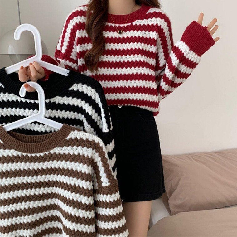 เสื้อไหมพรมผู้หญิงลายซิกแซก ลายสก็อต ลายเปีย คอกลม-copy