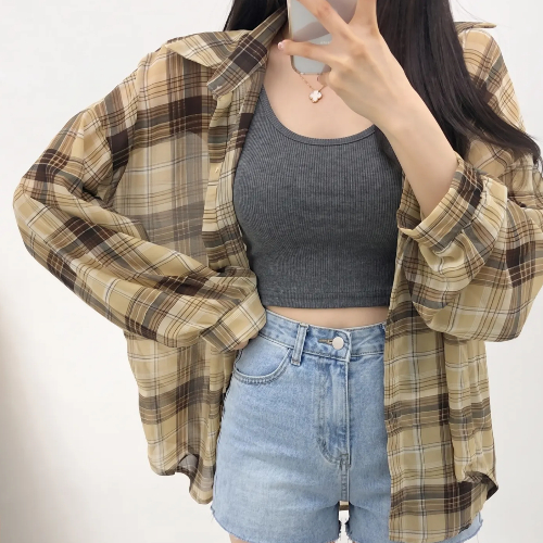 เสื้อเชิ้ตลายสก๊อตซีทรู เสื้อคลุมกันแดดทรงหลวม สไตล์เกาหลี สำหรับหน้าร้อน