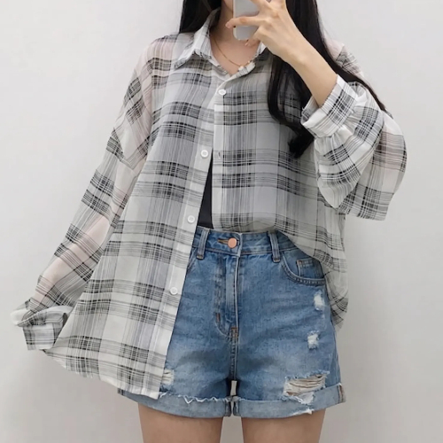 เสื้อเชิ้ตลายสก๊อตซีทรู เสื้อคลุมกันแดดทรงหลวม สไตล์เกาหลี สำหรับหน้าร้อน