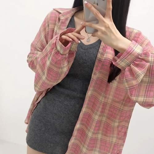 เสื้อเชิ้ตลายสก๊อตซีทรู เสื้อคลุมกันแดดทรงหลวม สไตล์เกาหลี สำหรับหน้าร้อน